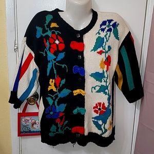 Lisa Nichols vtg 80's cardigan bow print details knit multicolored b11